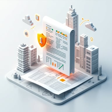 Ilustração digital representando o EVTL (Estudo de Viabilidade Técnica e Legal), com um documento 3D flutuando sobre uma planta arquitetônica, ícones de viabilidade e prédios em diferentes estágios de construção ao fundo, simbolizando a transformação de projetos em realidade.